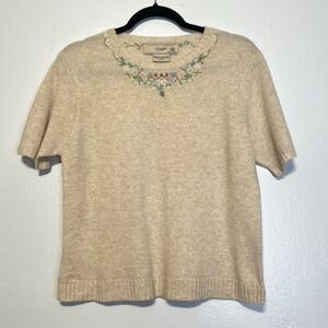 Vintage Laura Ashley country Hand Embroidered Pure Wool Sweater‎ Top Sz L HOLE